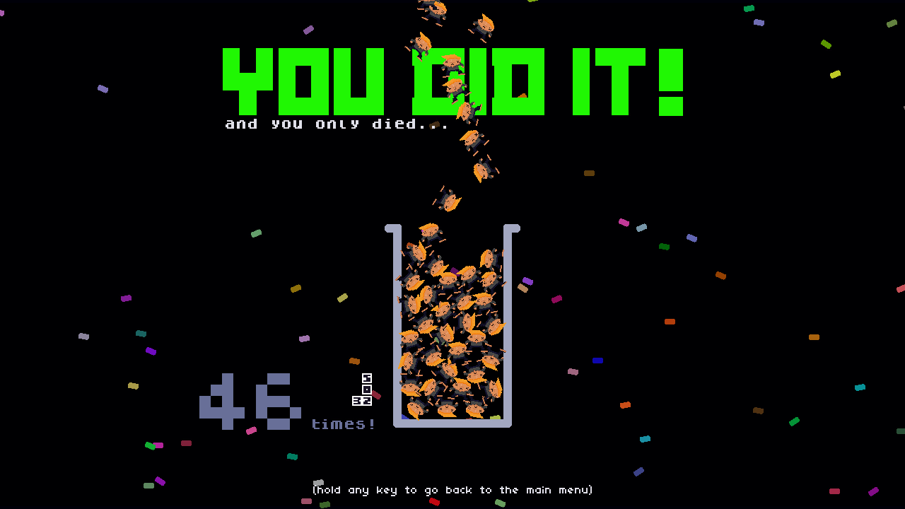 Screenshot: Corpses -rendered as the normal player sprite with X'd out eyes- falling into a beaker. Big text says "You did it! And you only died 46 times!"